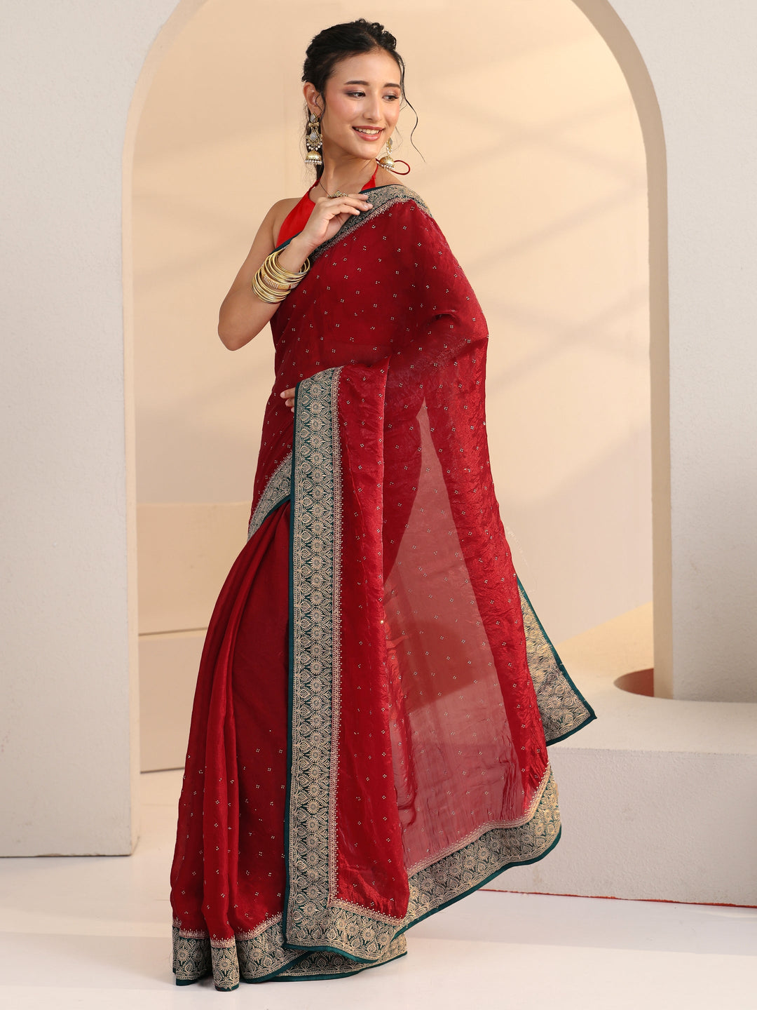 Libas Cardinal Red Stone Work Embellished Tissue Saree 