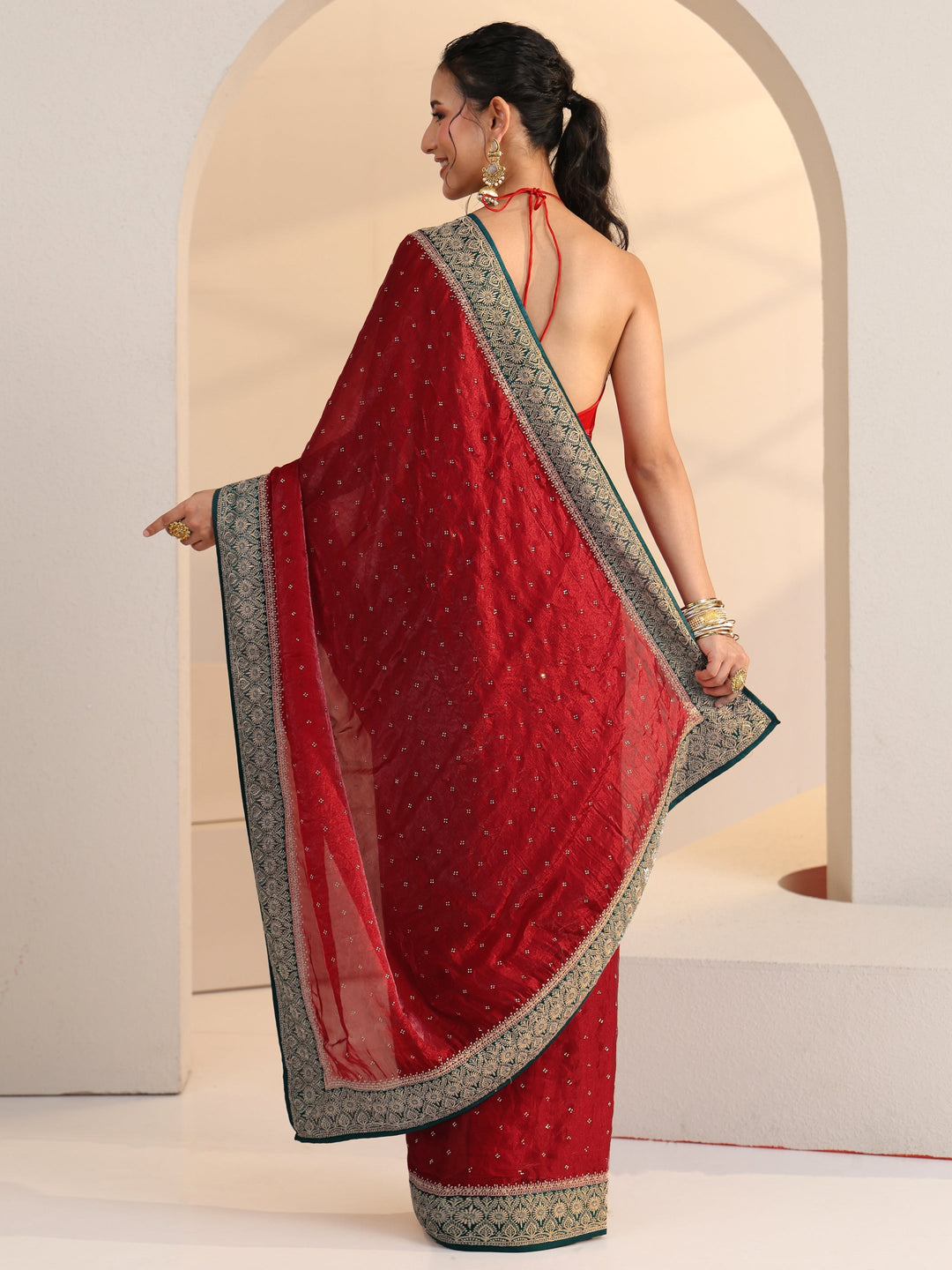  Libas Cardinal Red Stone Work Embellished Tissue Saree 