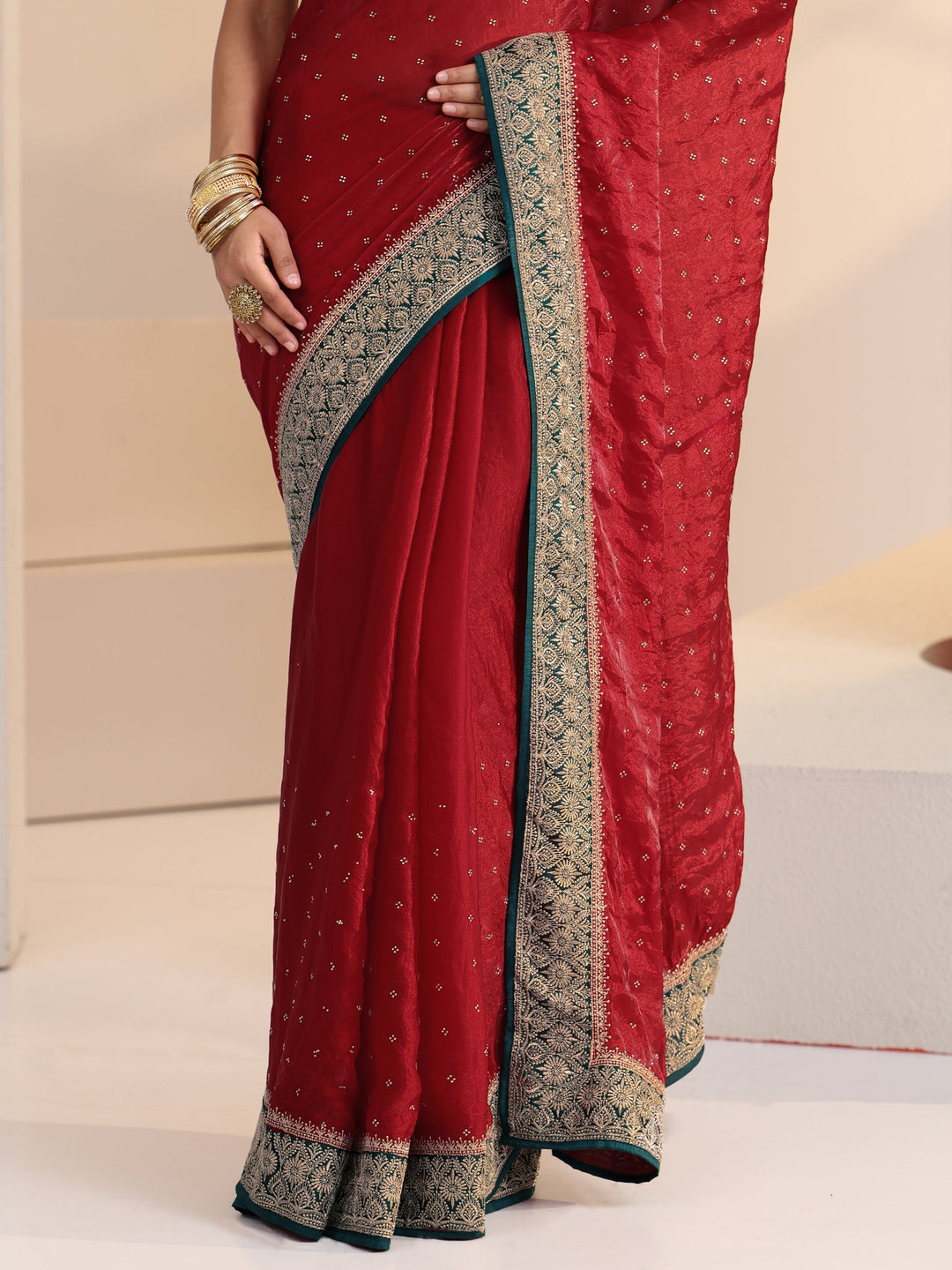  Libas Cardinal Red Stone Work Embellished Tissue Saree 