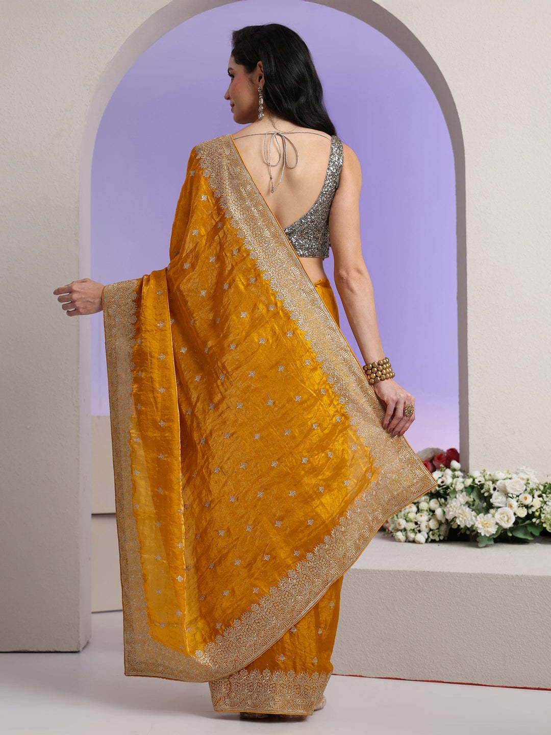  Libas Mustard Embroidered Tissue Saree 