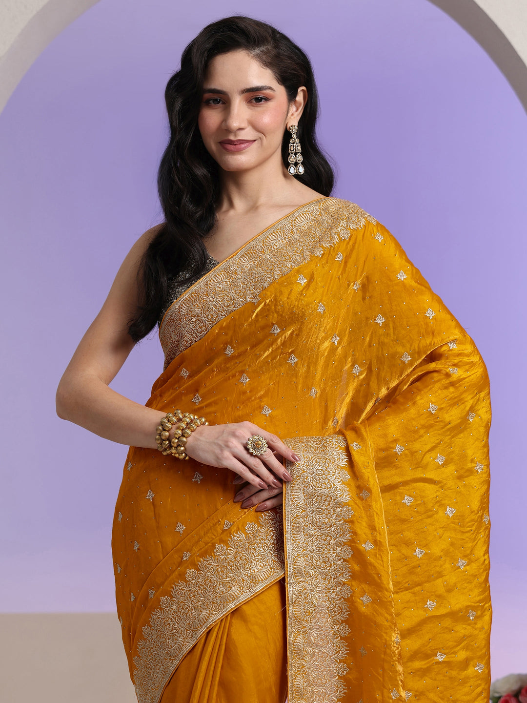  Libas Mustard Embroidered Tissue Saree 