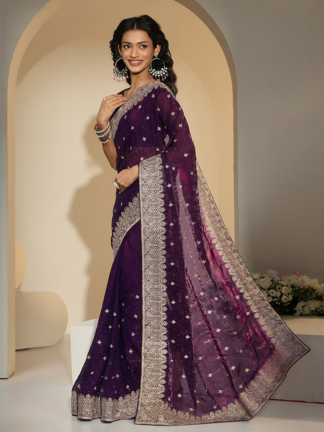 Libas Aubergine Purple Embroidered Tissue Saree 