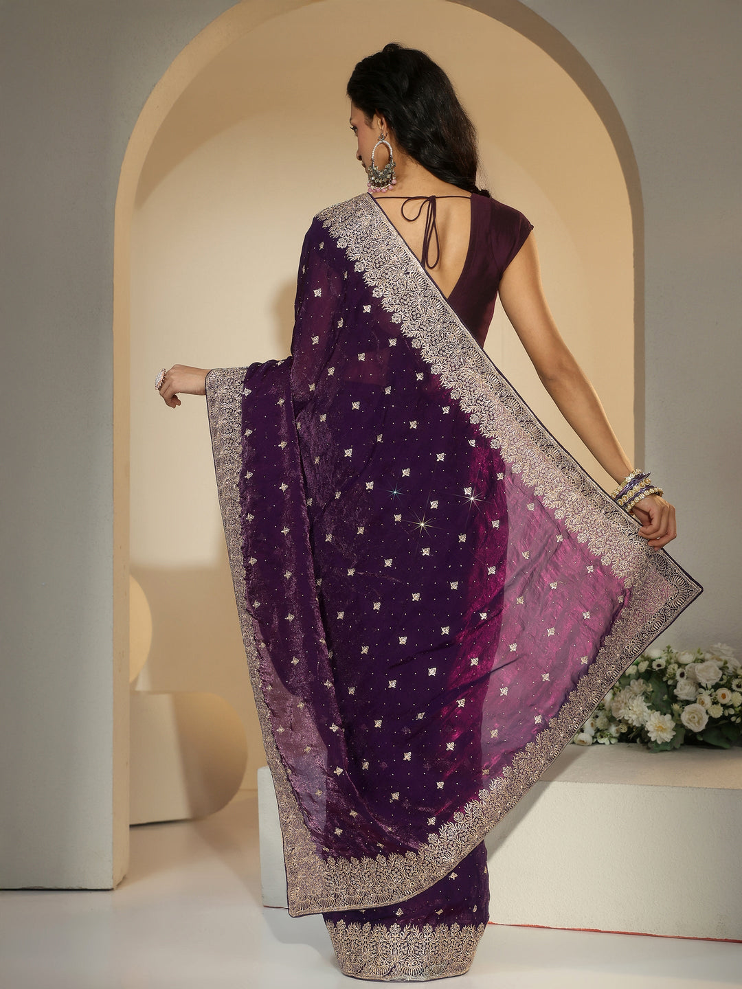  Libas Aubergine Purple Embroidered Tissue Saree 