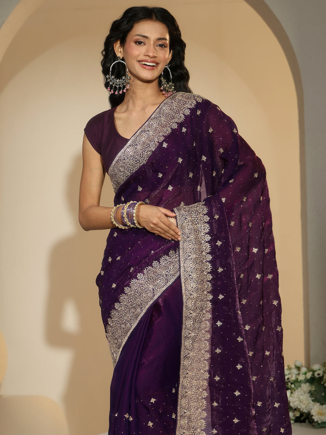  Libas Aubergine Purple Embroidered Tissue Saree 