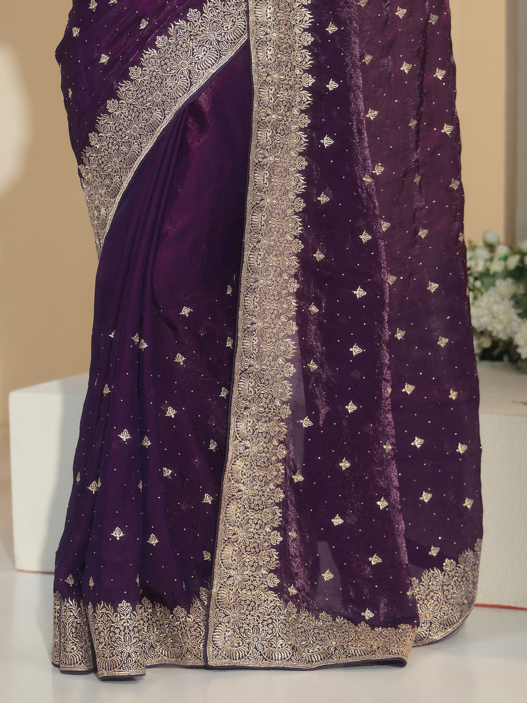  Libas Aubergine Purple Embroidered Tissue Saree 