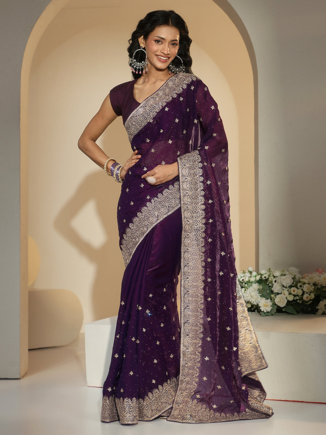  Libas Aubergine Purple Embroidered Tissue Saree 