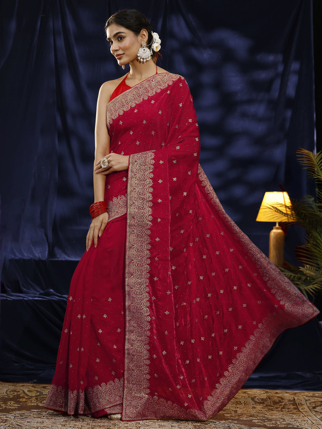  Libas Red Embroidered Tissue Saree 