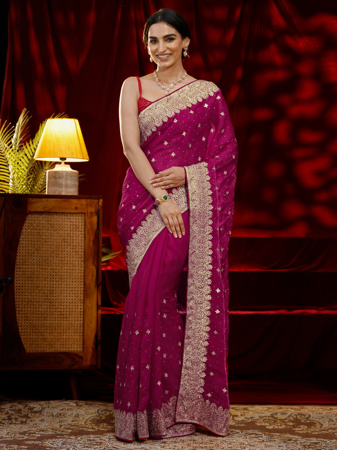  Libas Pink Embroidered Tissue Saree 