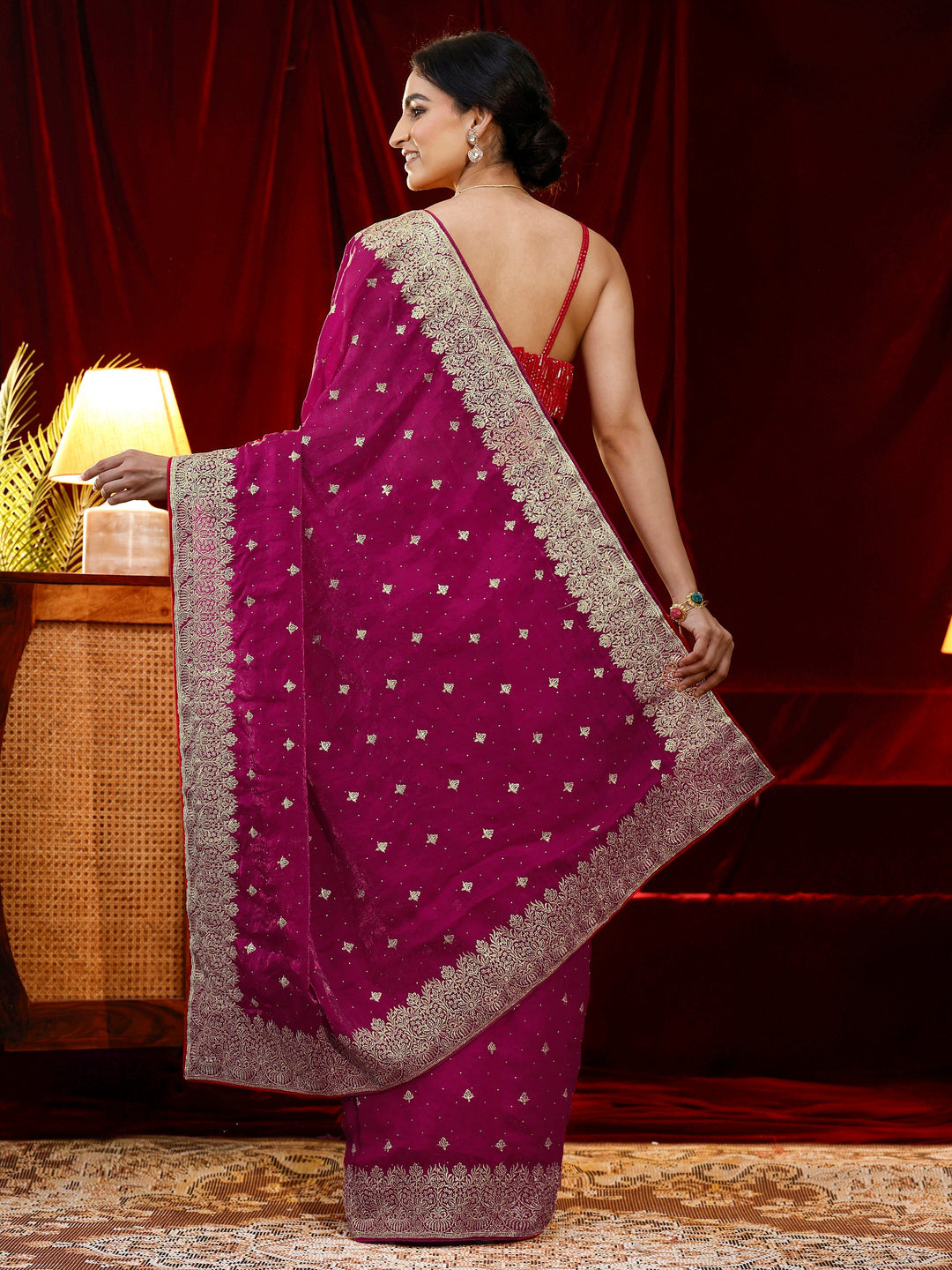  Libas Pink Embroidered Tissue Saree 