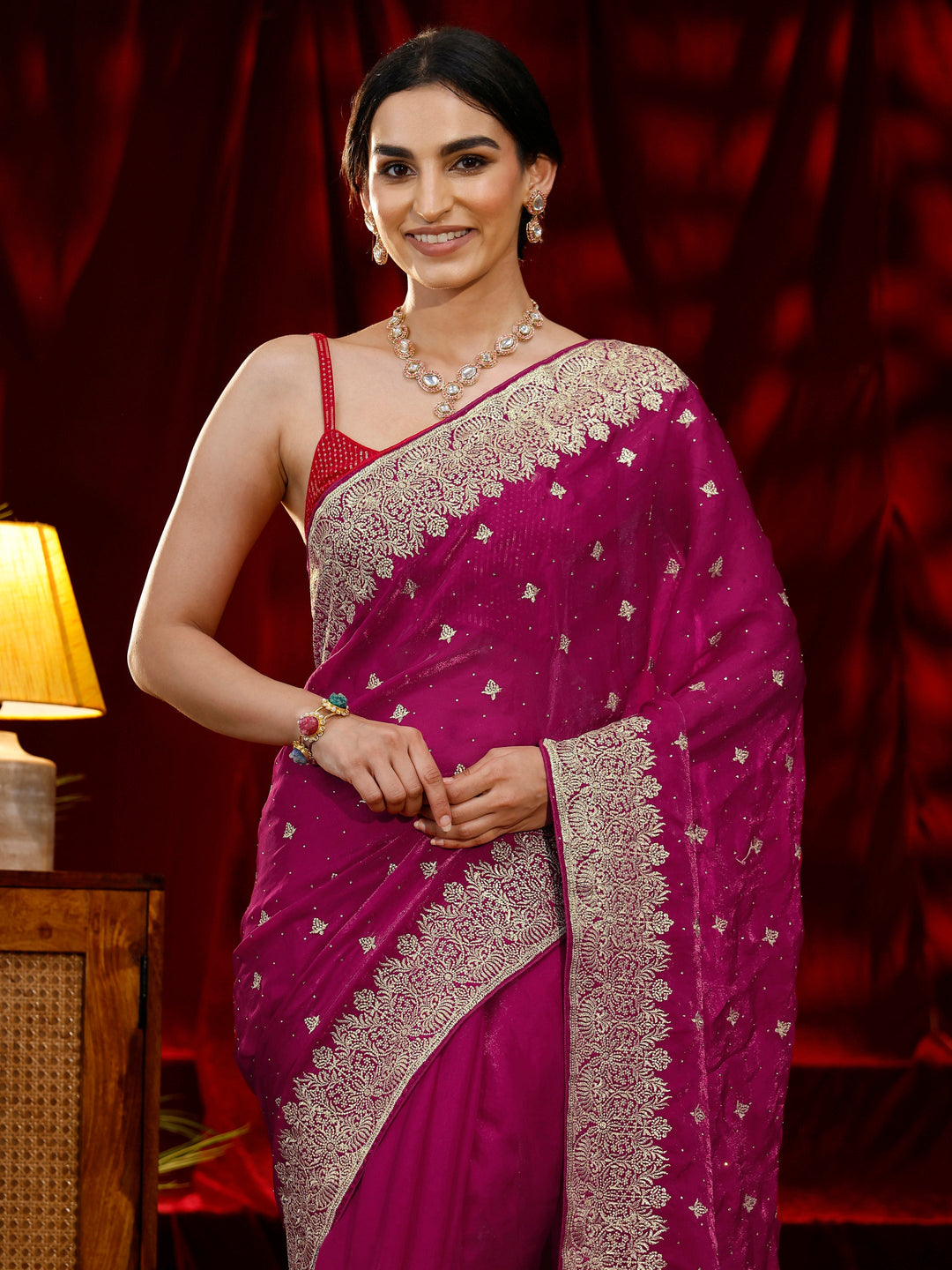  Libas Pink Embroidered Tissue Saree 