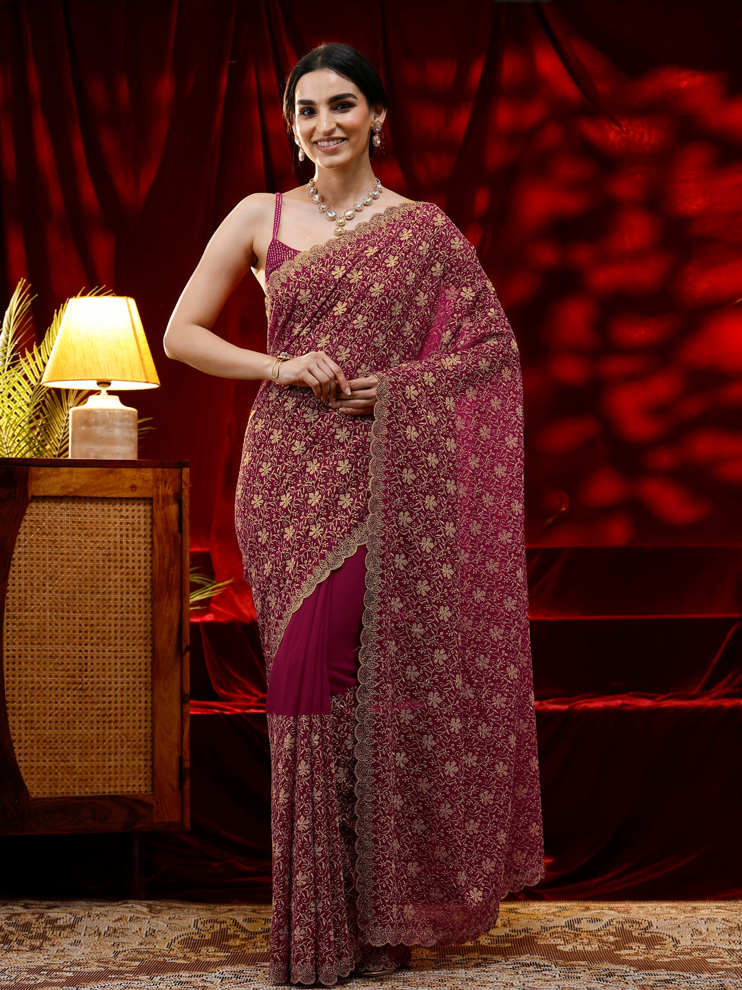  Libas Pink Floral Embroidered Georgette Saree 