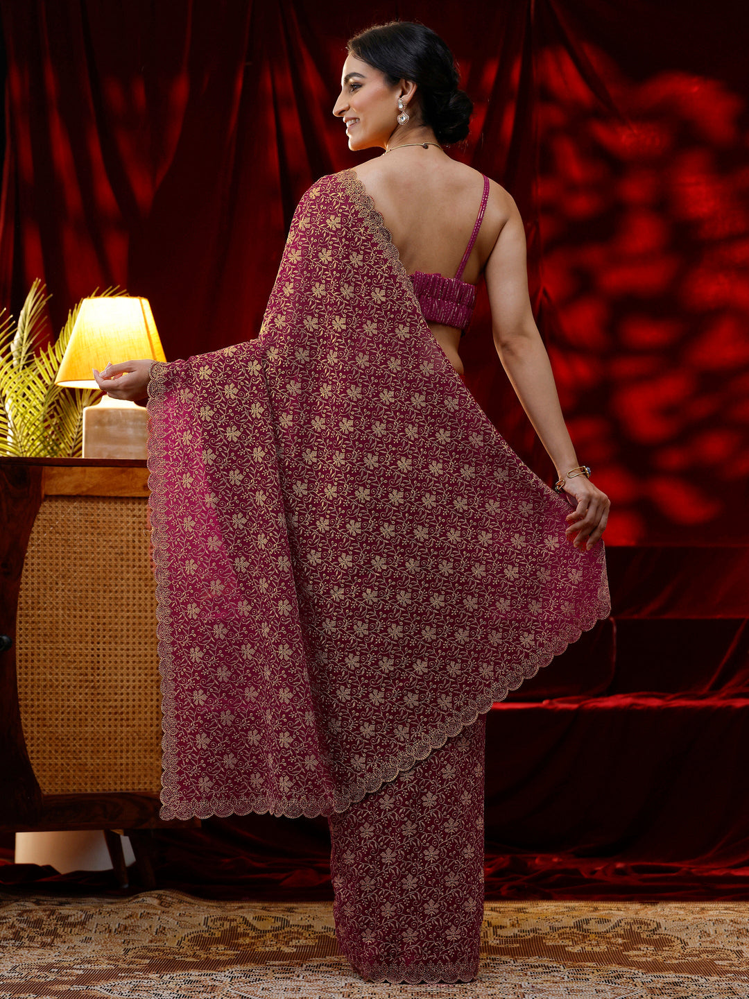  Libas Pink Floral Embroidered Georgette Saree 