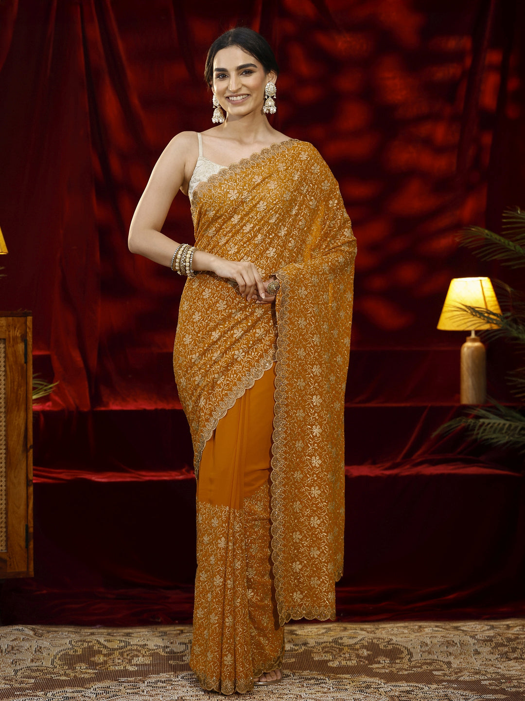  Libas Mustard Floral Embroidered Georgette Saree 