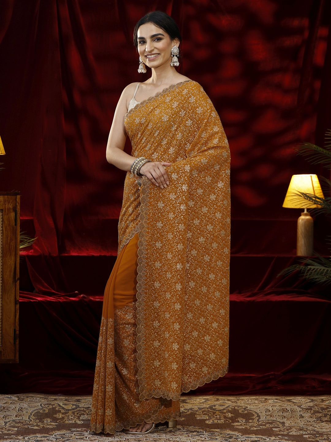  Libas Mustard Floral Embroidered Georgette Saree 