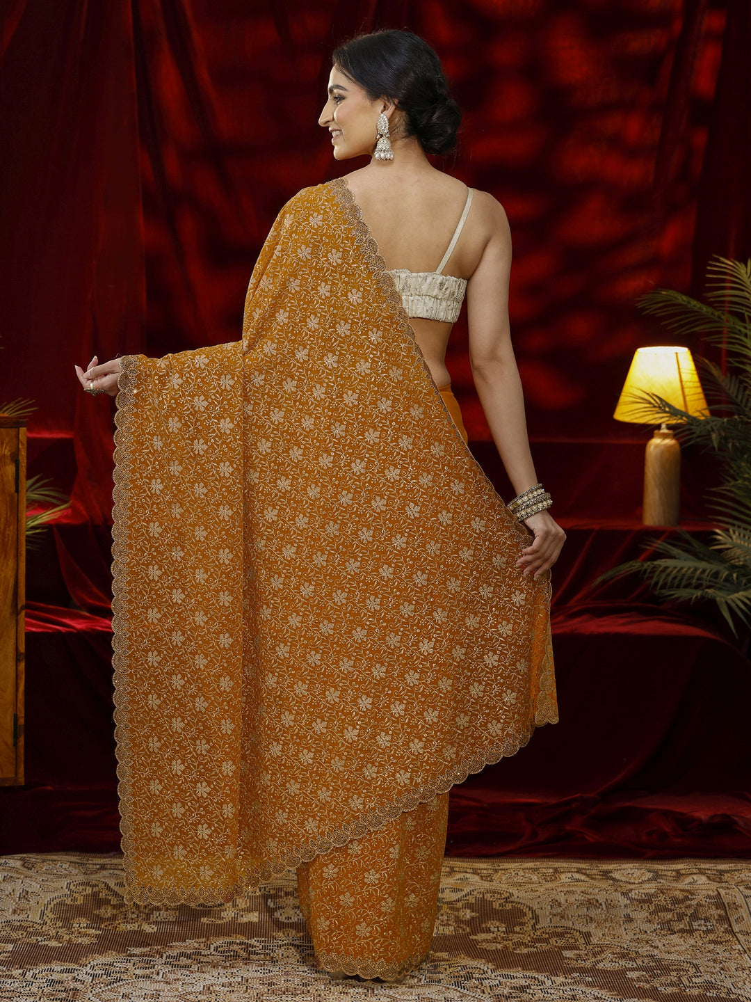  Libas Mustard Floral Embroidered Georgette Saree 
