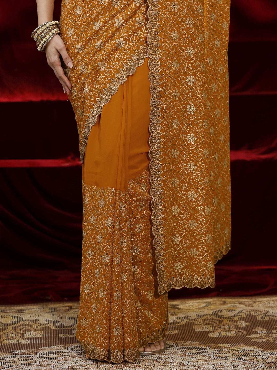  Libas Mustard Floral Embroidered Georgette Saree 
