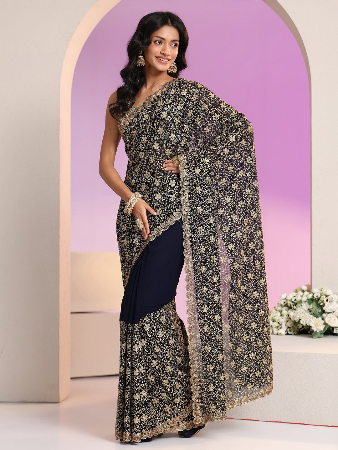  Libas Navy Blue Floral Embroidered Georgette Saree 