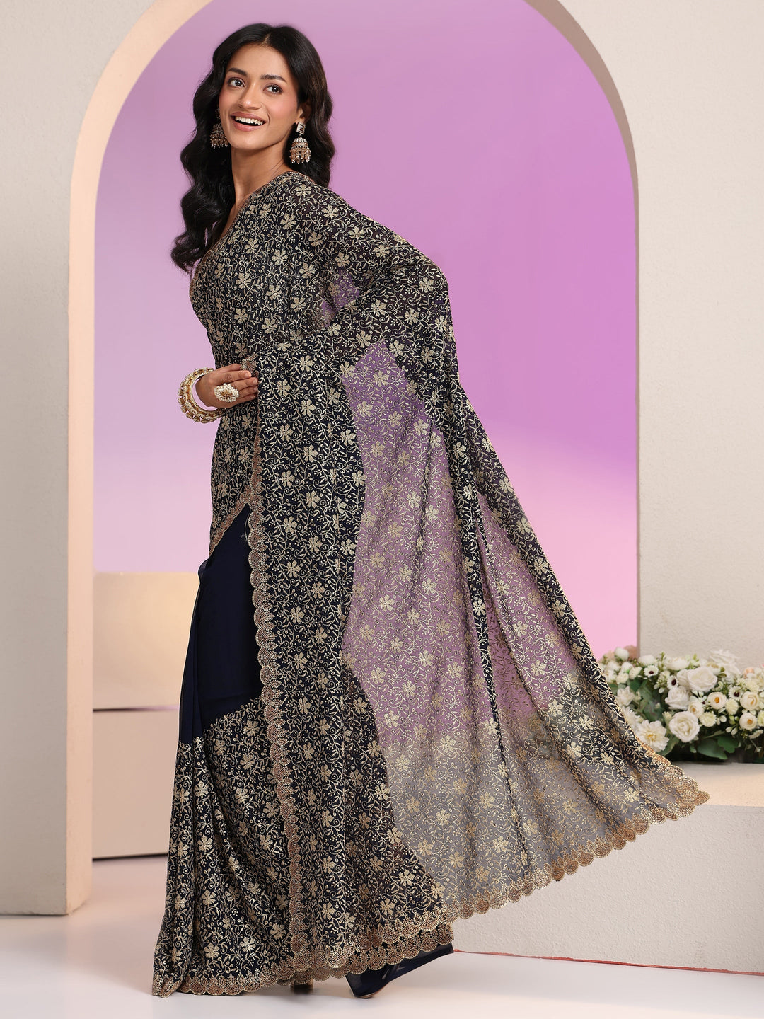  Libas Navy Blue Floral Embroidered Georgette Saree 