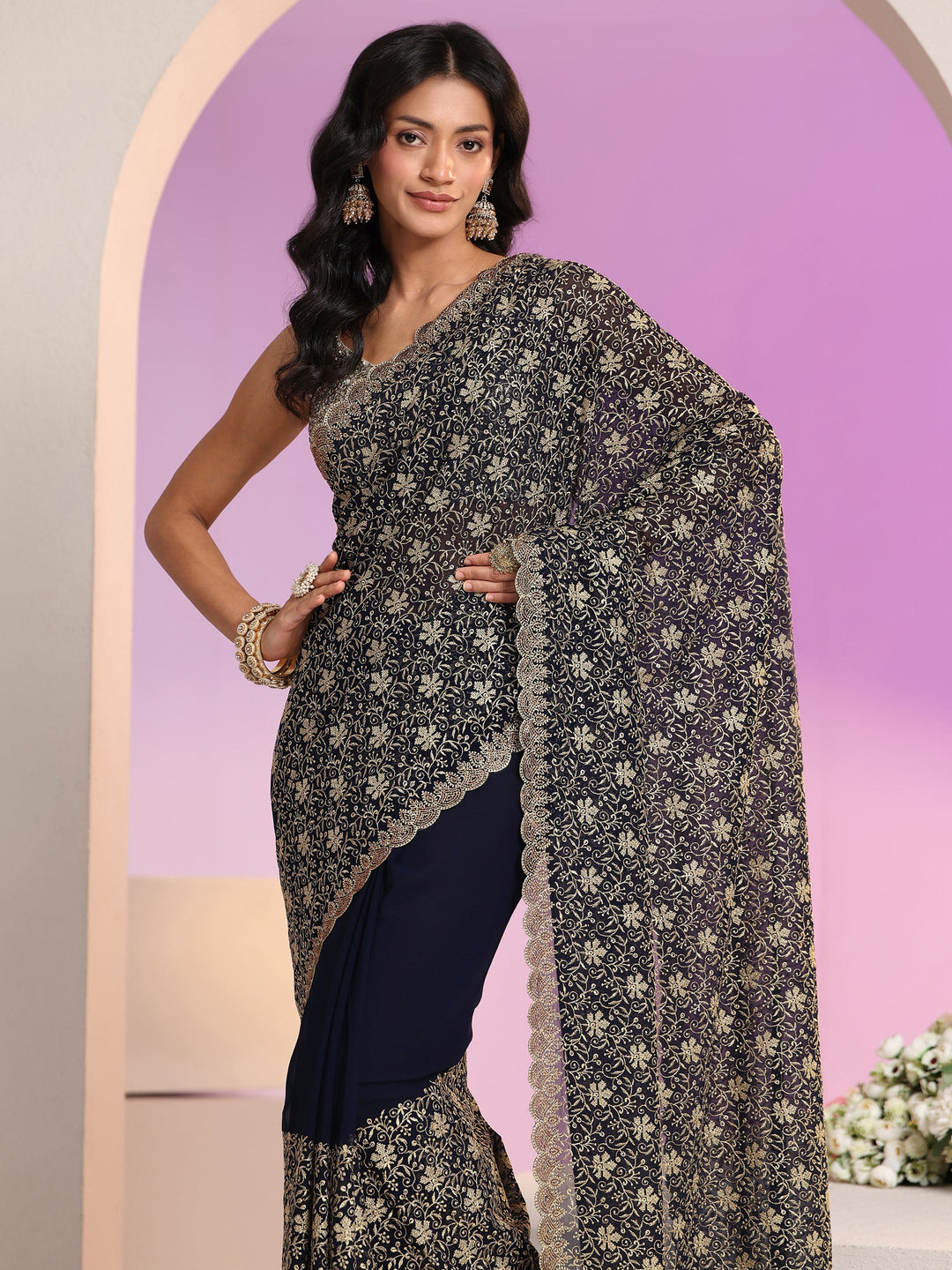  Libas Navy Blue Floral Embroidered Georgette Saree 