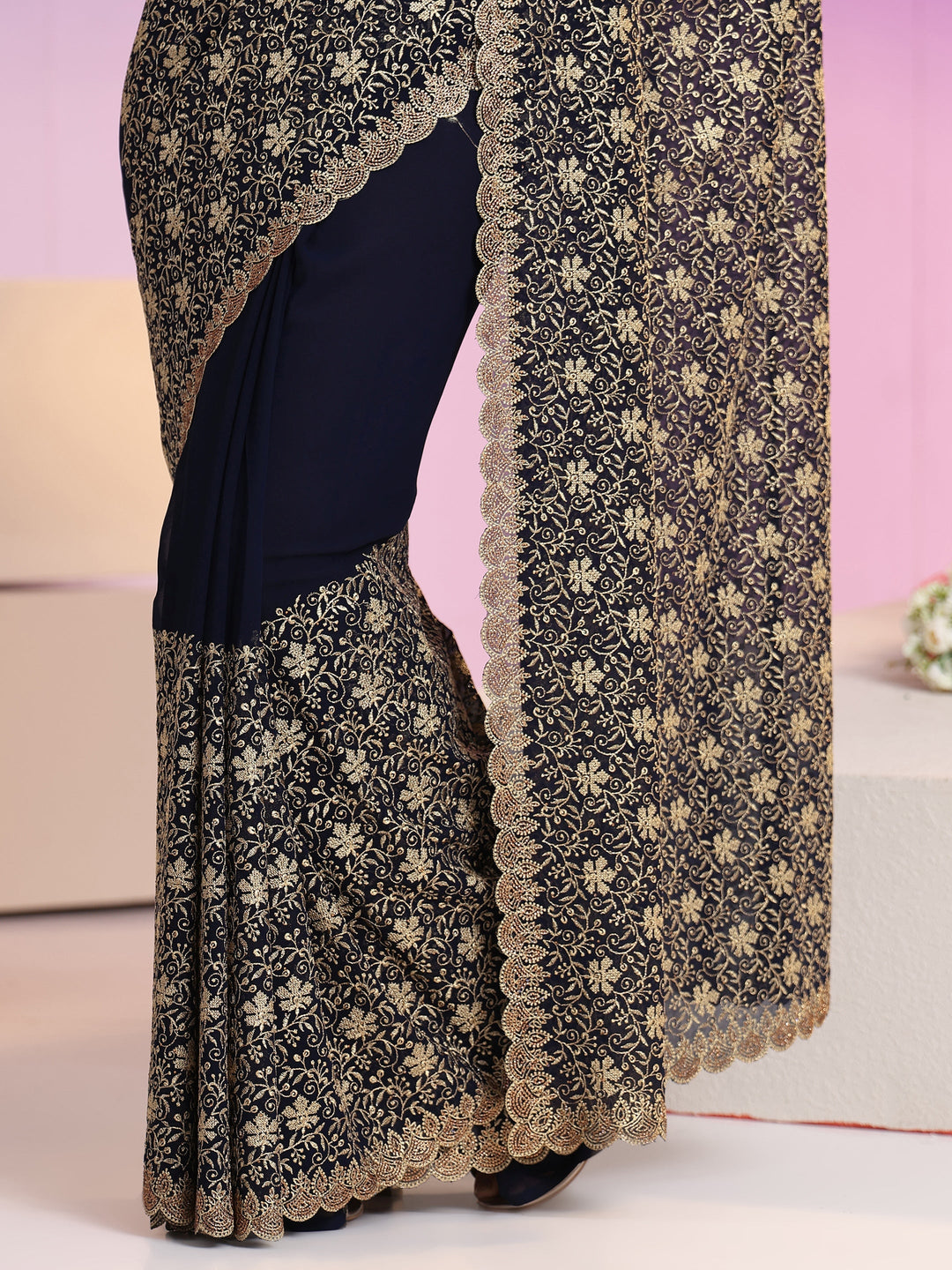 Libas Navy Blue Floral Embroidered Georgette Saree 
