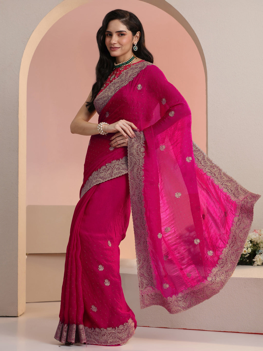  Libas Rani Pink Embroidered Tissue Saree 
