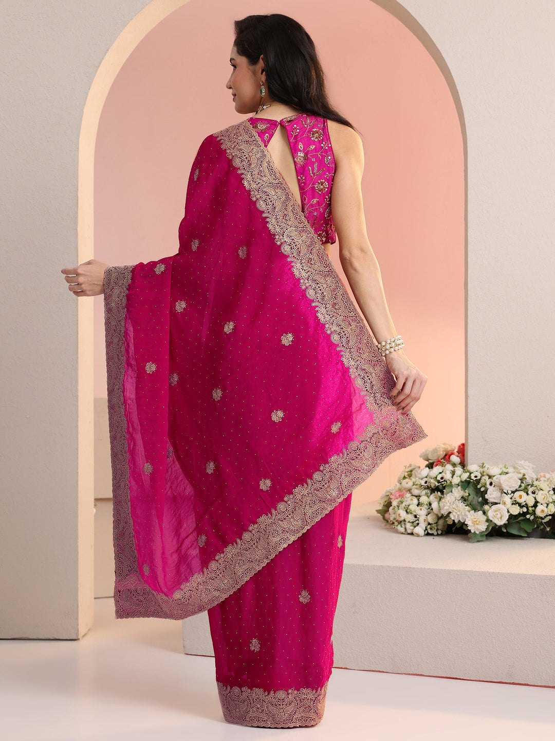 Libas Rani Pink Embroidered Tissue Saree 