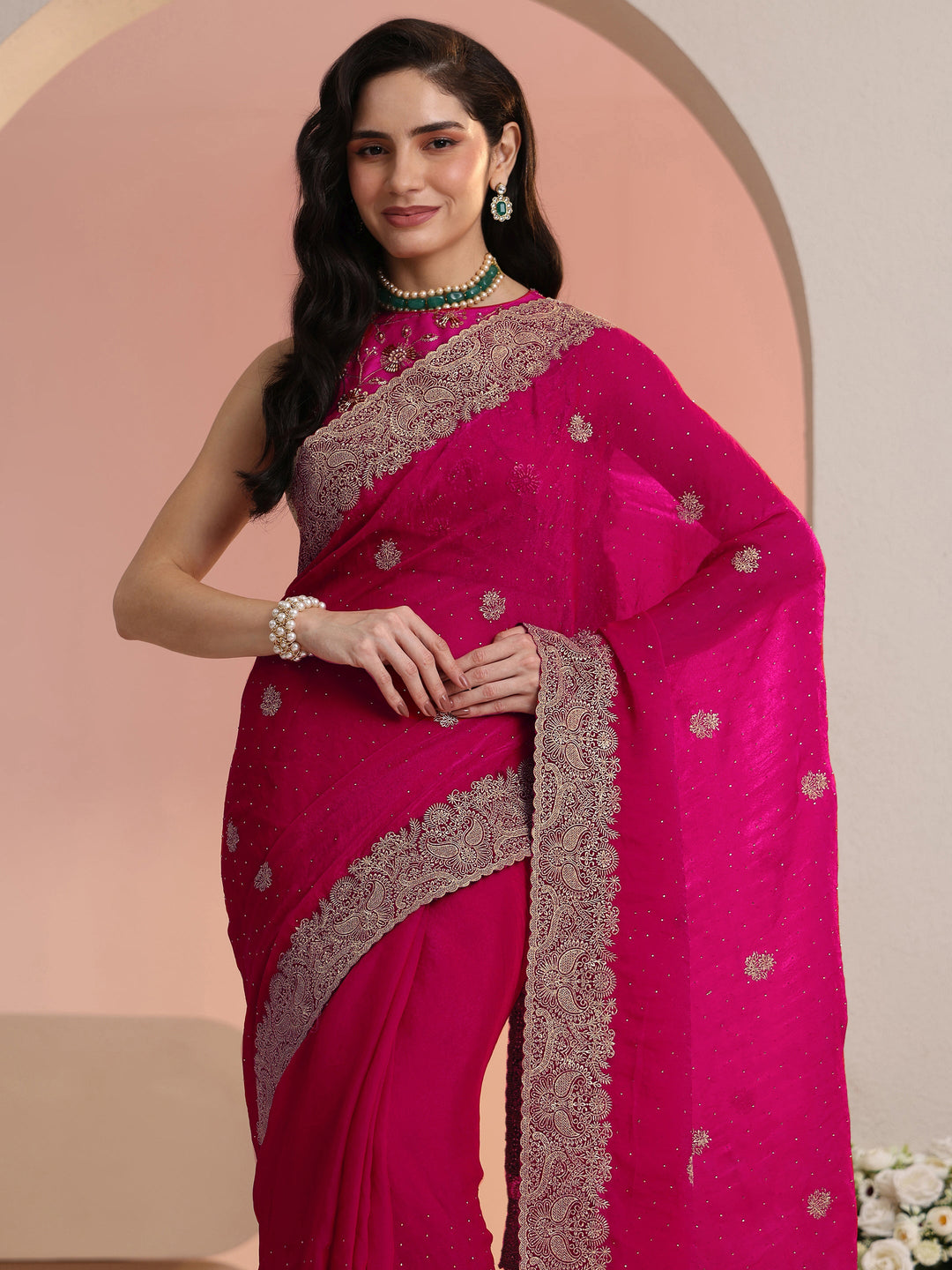  Libas Rani Pink Embroidered Tissue Saree 