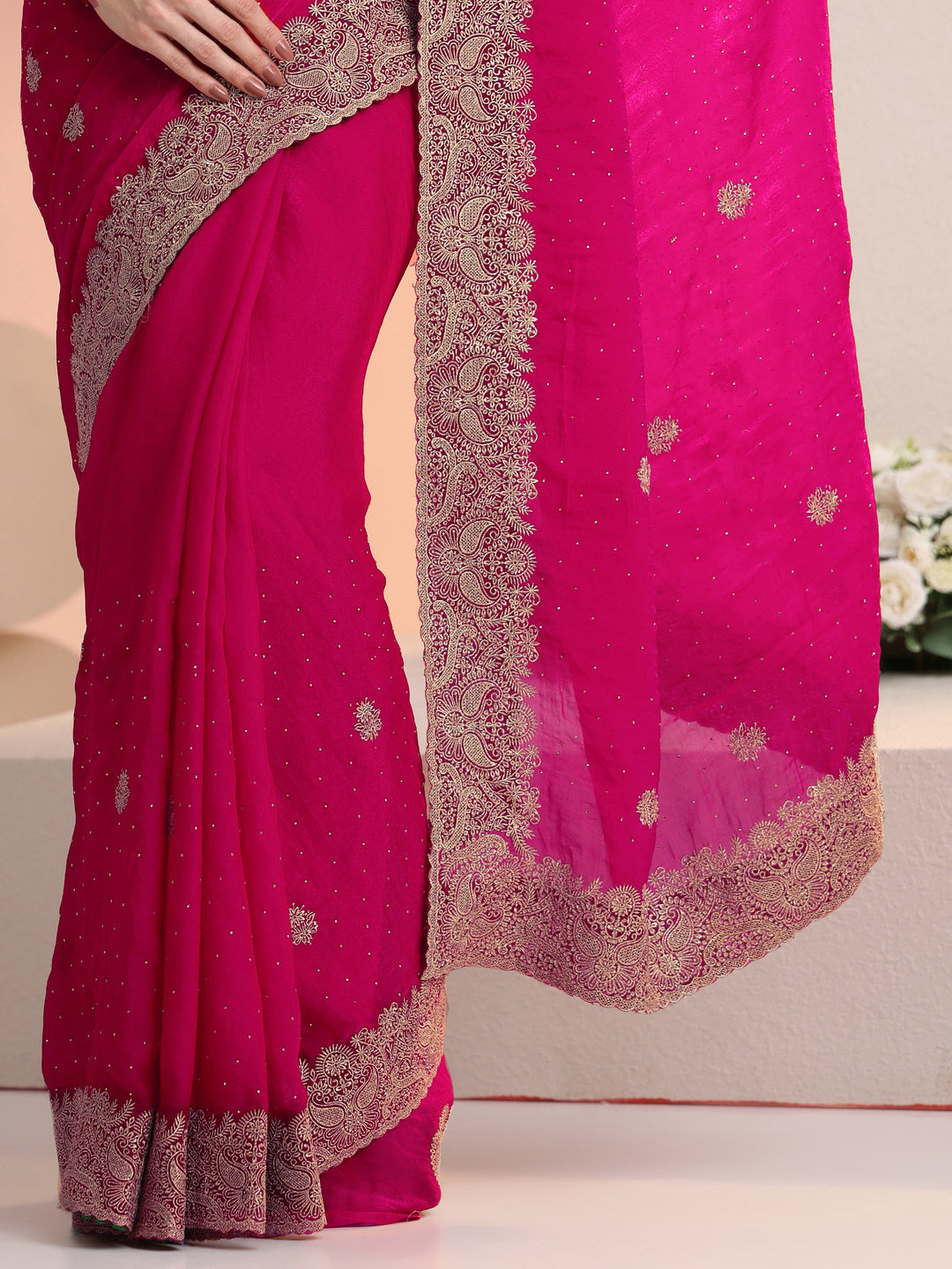  Libas Rani Pink Embroidered Tissue Saree 