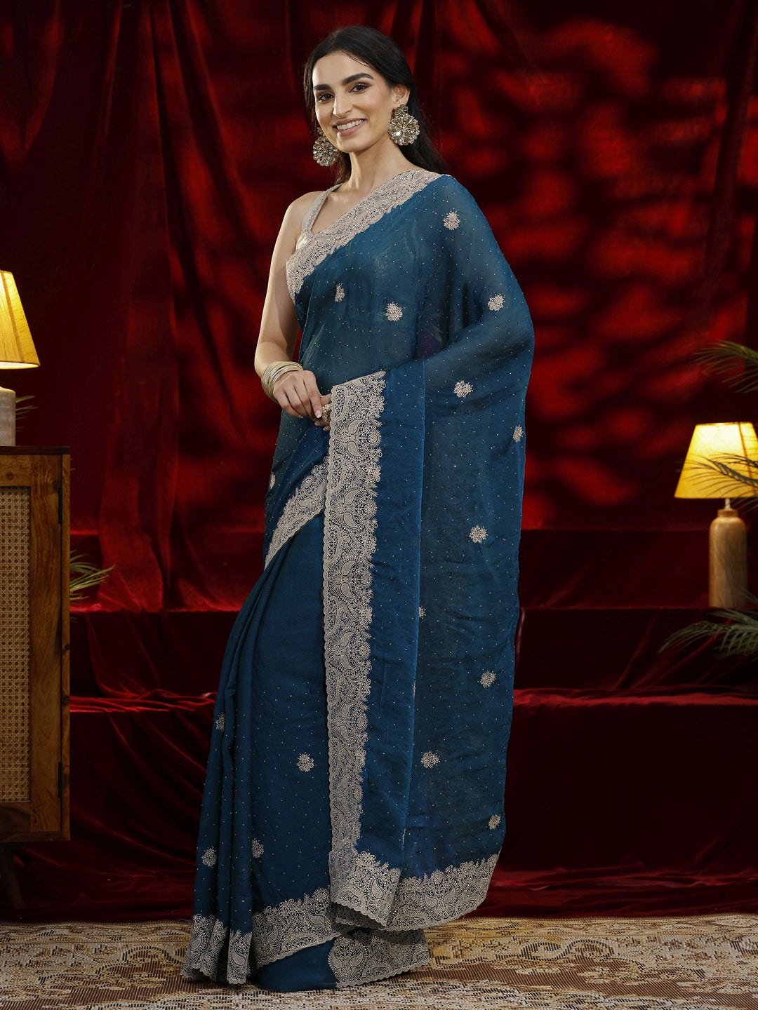  Libas Blue Floral Embroidered Tissue Saree 