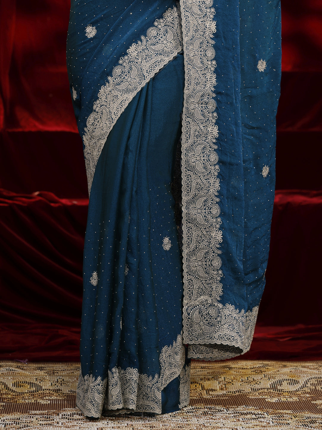  Libas Blue Floral Embroidered Tissue Saree 