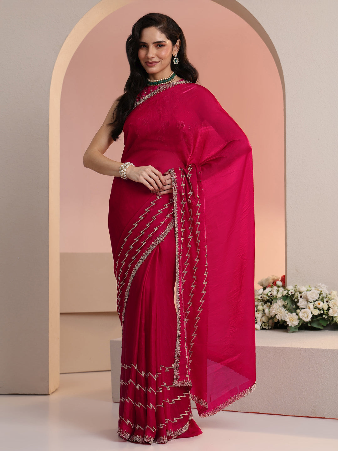  Libas Rani Pink Chevron Tissue Saree 