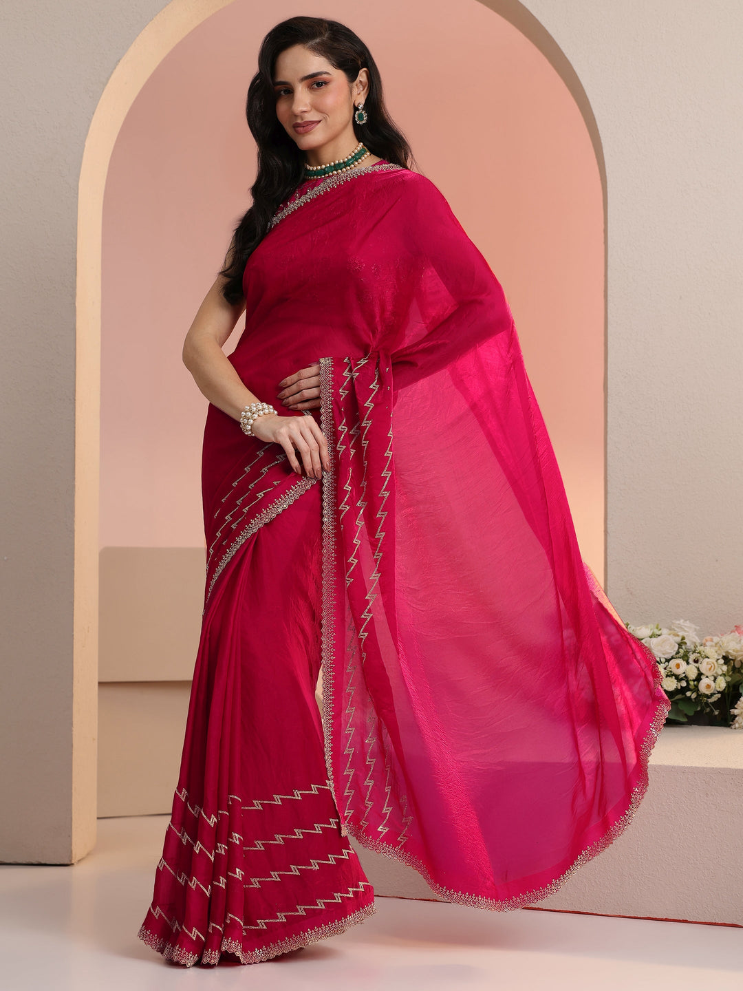  Libas Rani Pink Chevron Tissue Saree 