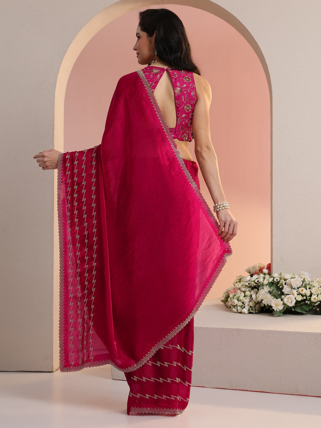  Libas Rani Pink Chevron Tissue Saree 