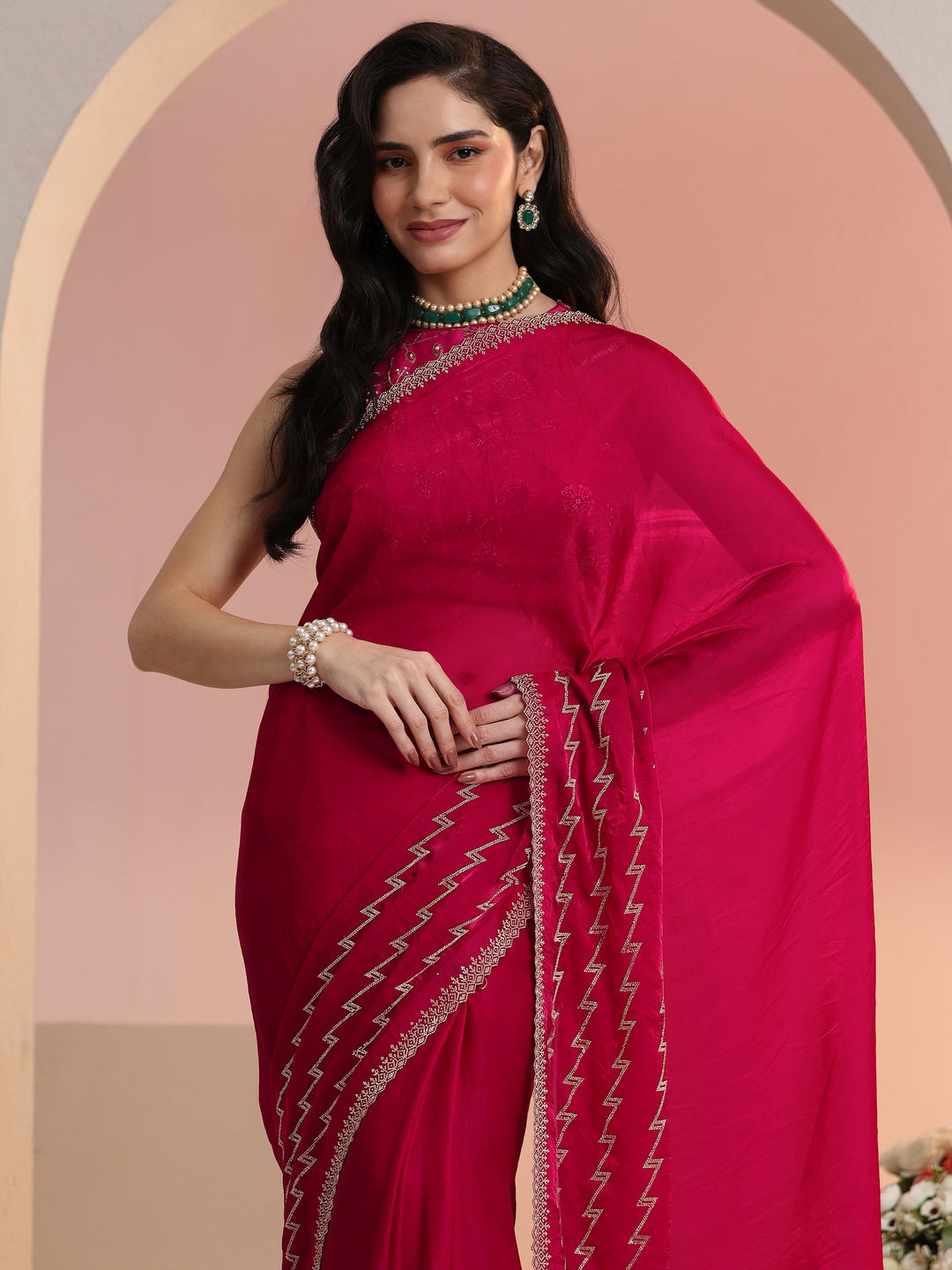  Libas Rani Pink Chevron Tissue Saree 