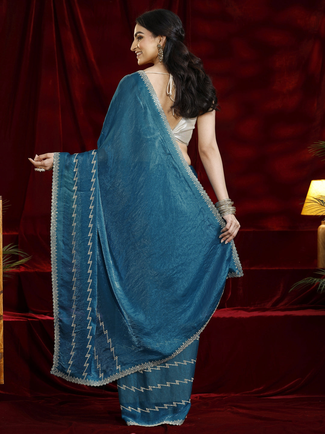  Libas Blue Solid Tissue Saree 