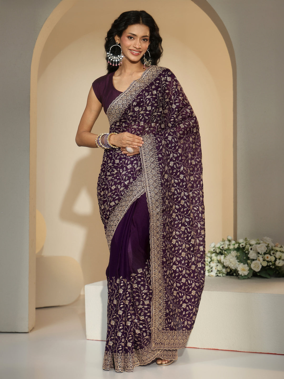  Libas Aubergine Purple Floral Embroidered Georgette Saree 