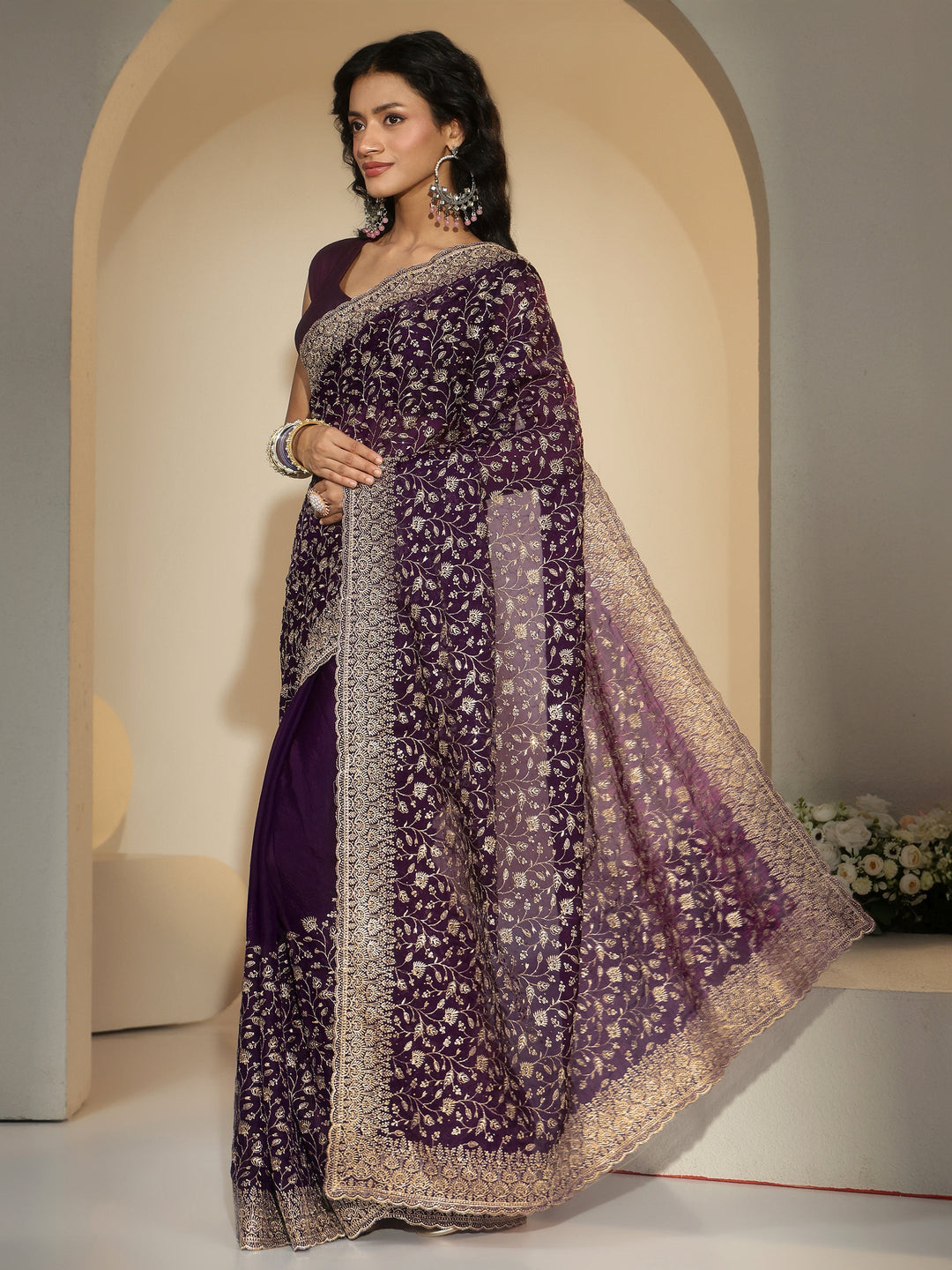  Libas Aubergine Purple Floral Embroidered Georgette Saree 