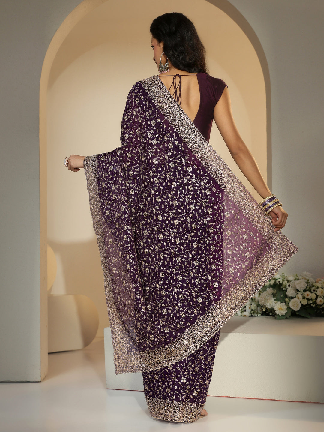  Libas Aubergine Purple Floral Embroidered Georgette Saree 
