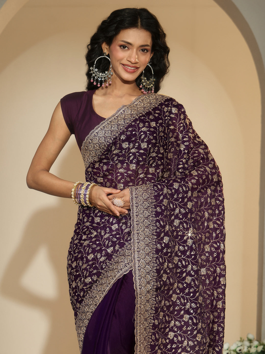  Libas Aubergine Purple Floral Embroidered Georgette Saree 
