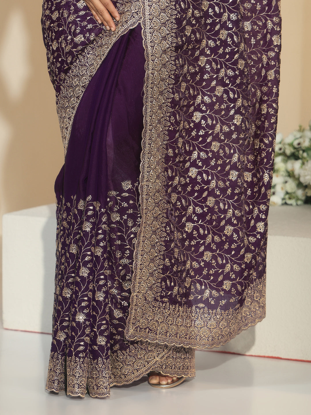  Libas Aubergine Purple Floral Embroidered Georgette Saree 