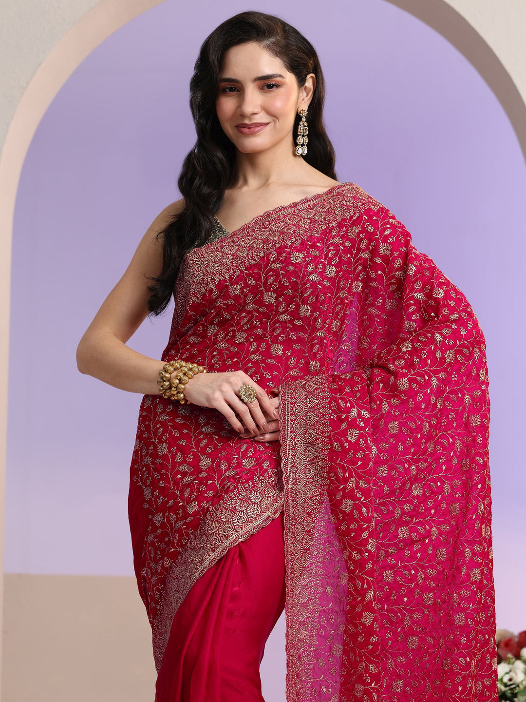  Libas Rani Pink Floral Embroidered Georgette Saree 