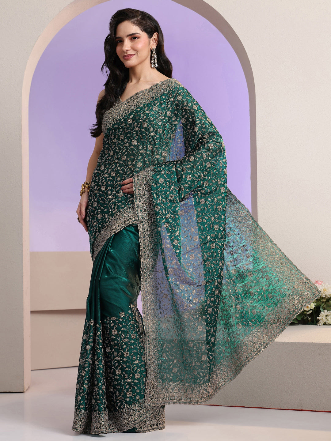  Libas Bottle Green Floral Embroidered Georgette Saree 