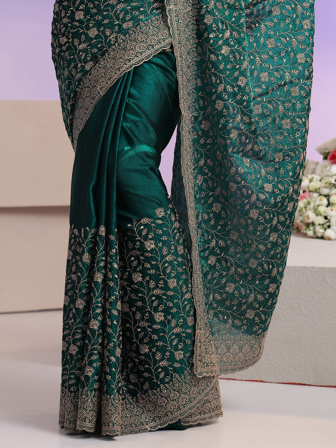  Libas Bottle Green Floral Embroidered Georgette Saree 