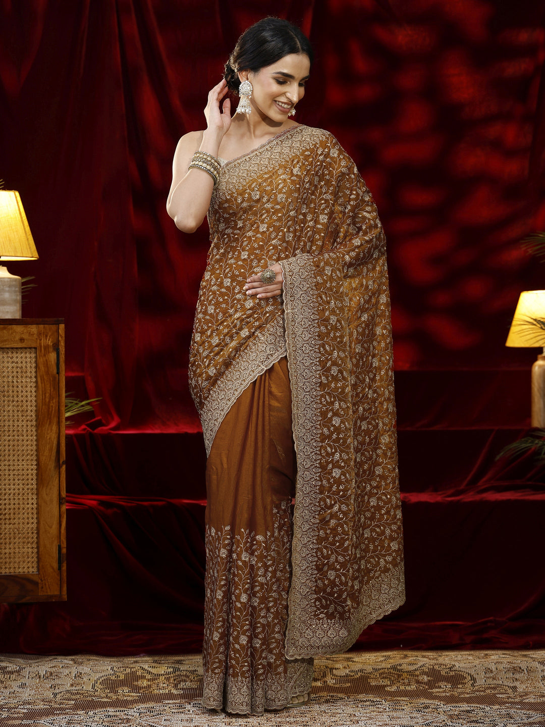  Libas Orange Floral Embroidered Georgette Saree 