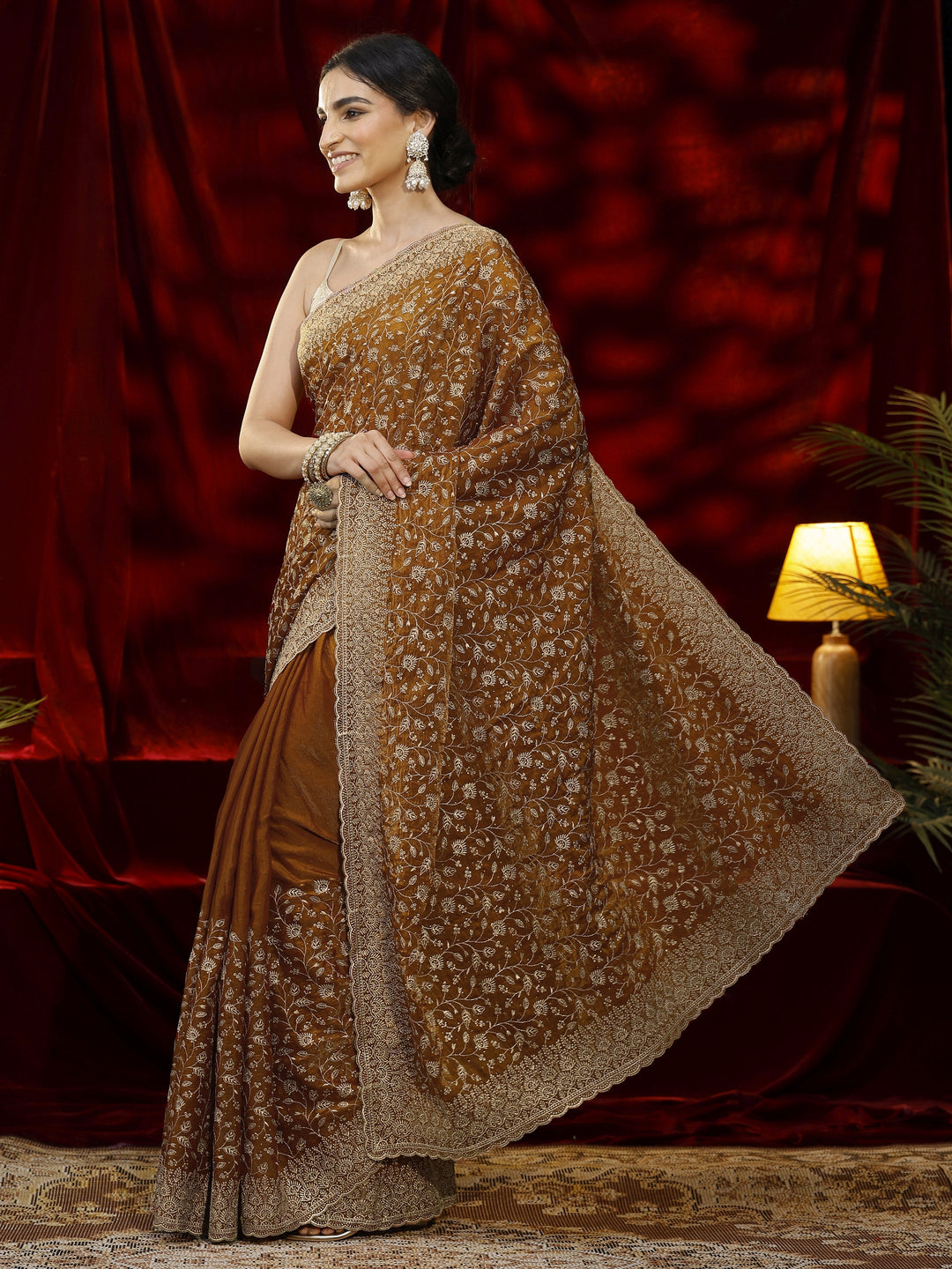  Libas Orange Floral Embroidered Georgette Saree 