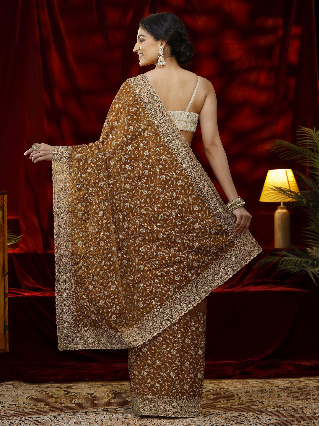  Libas Orange Floral Embroidered Georgette Saree 
