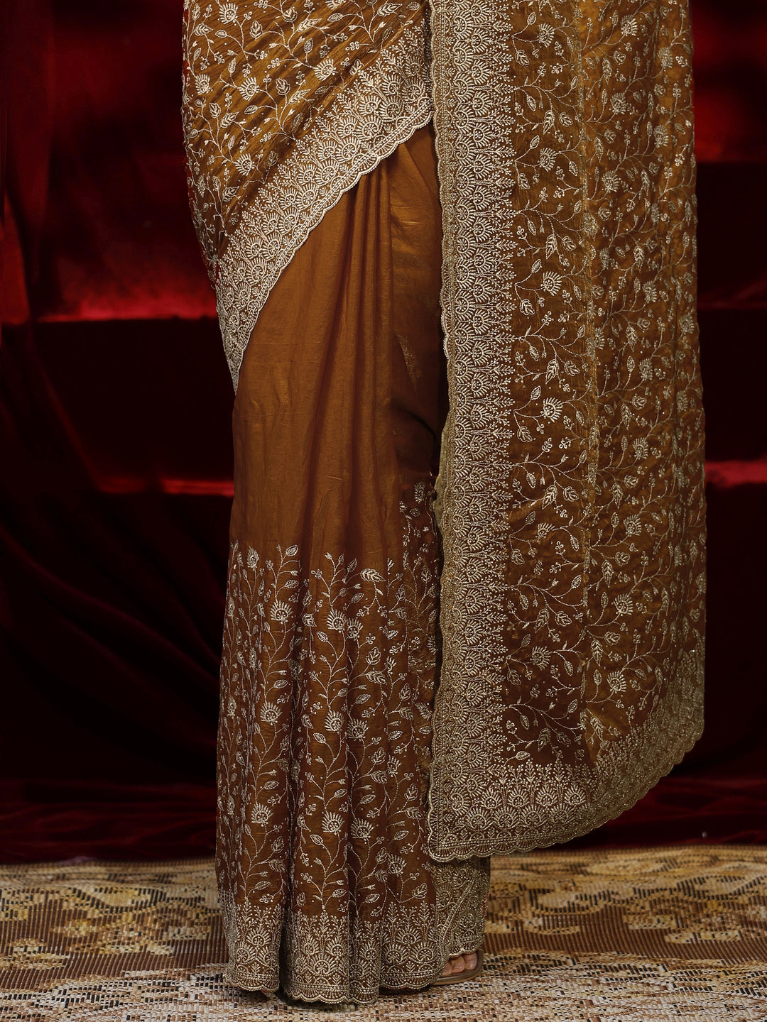  Libas Orange Floral Embroidered Georgette Saree 