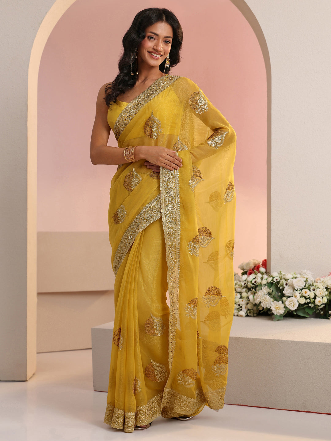  Libas Yellow Embroidered Chiffon Saree 