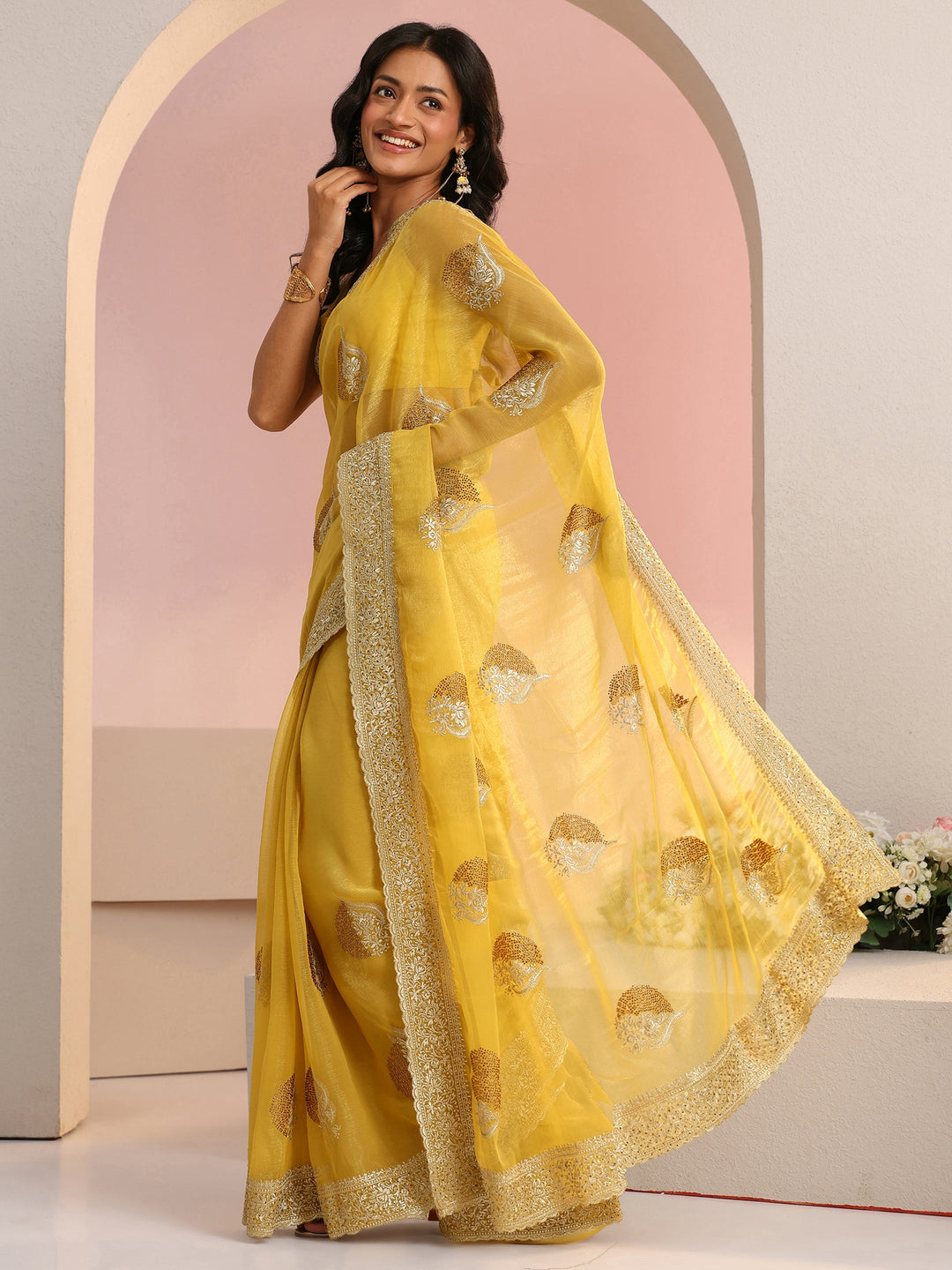  Libas Yellow Embroidered Chiffon Saree 