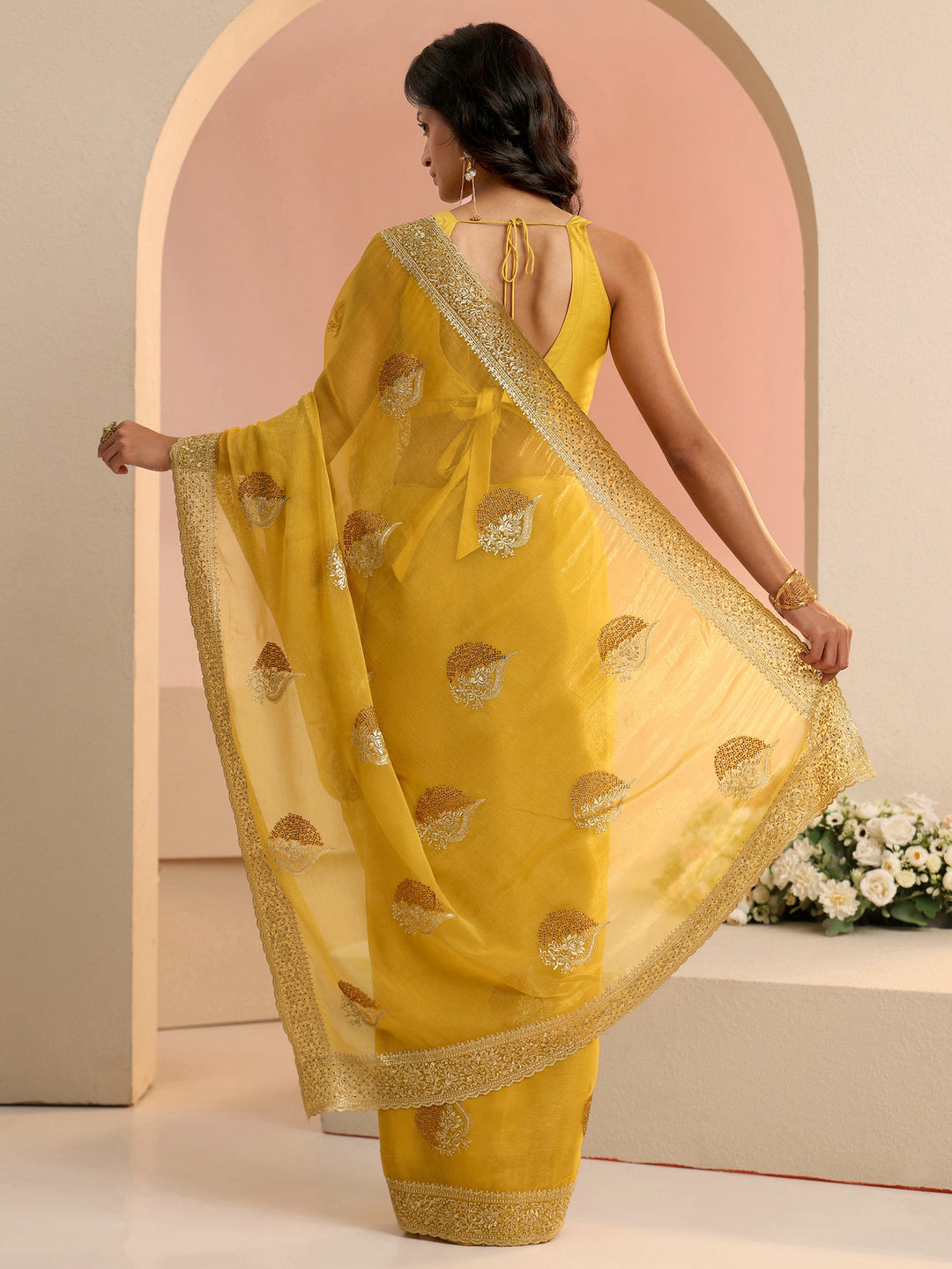  Libas Yellow Embroidered Chiffon Saree 